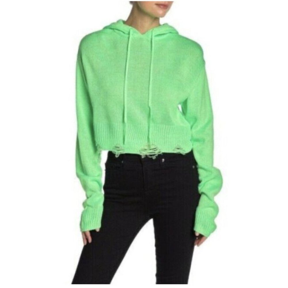 Wild Honey Womens Pullover Acrylic Neon Green Distressed Hooded Sweater Size S